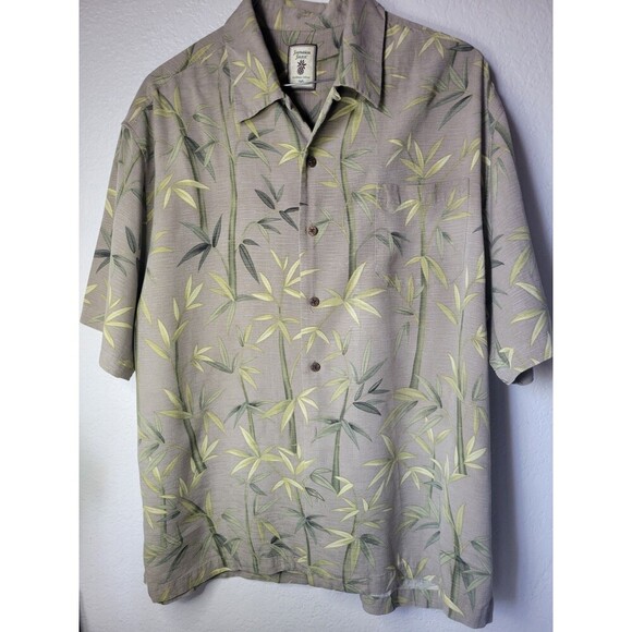 Jamaica Jaxx Mens Green Bamboo Print 100% Silk Button Shirt Short Sleeve Size XL - Picture 1 of 9